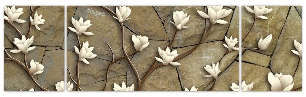 Obraz - Białe magnolie na murze kamiennym (170x50 cm)