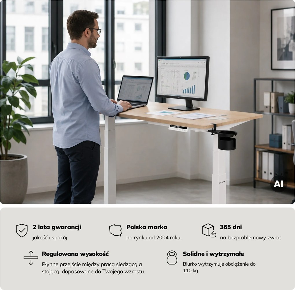 Biurko elektryczne z regulacją wysokości ergonomiczne białe/dąb sonoma,1200x600 mm: ARIA