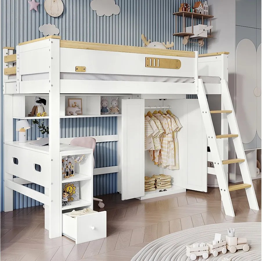 Łóżko piętrowe 90 x 200 cm z biurkiem, szafą i półkami do przechowywania - Sosna + MDF + sklejka - Biały i naturalny