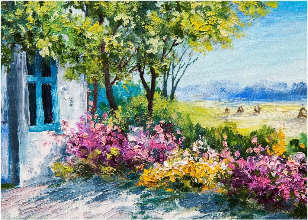Obraz ogrodu przed domem, obraz olejny (70x50 cm)