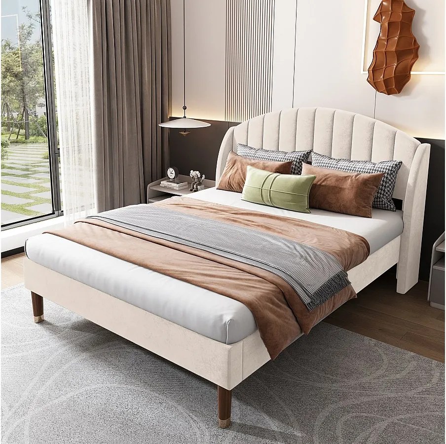 Łóżko z regulowanym zagłówkiem - 140 x 190 cm - aksamit - stelaż listwowy - kolor beżowy