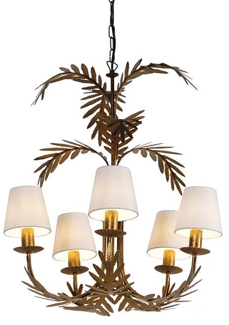 Lampa wisząca złota z białymi abażurami z lnu 5-światłowa - Botanica Rustykalny / Vintage Oswietlenie wewnetrzne