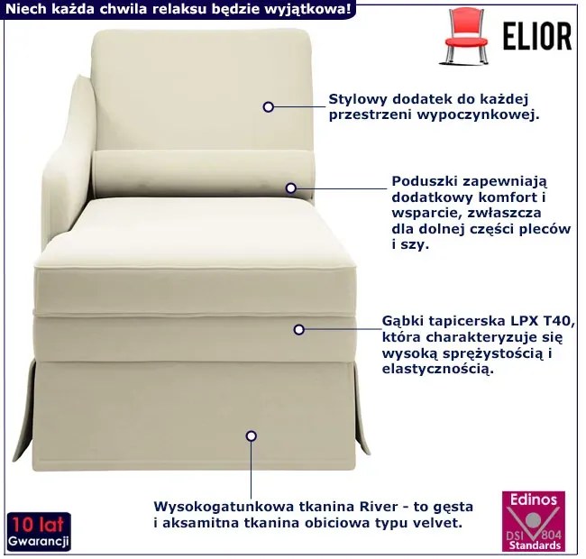Elegancki kremowy szezlong tapicerowany aksamitem - Mollie