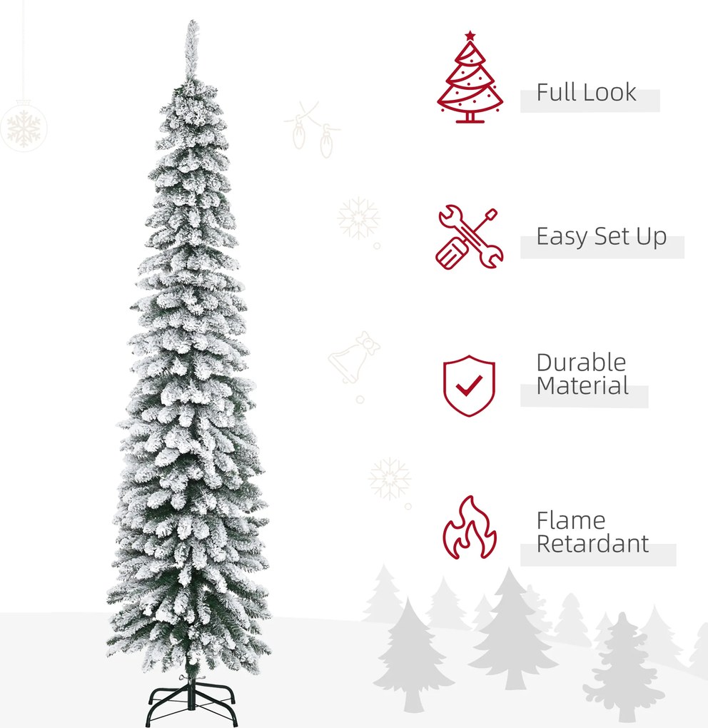 HOMCOM Sztuczna Choinka Świąteczna z Efektem Śniegu, Wąska Konstrukcja, Niepalne Gałęzie, 210 cm, Zielony/Biały | Aosom PL