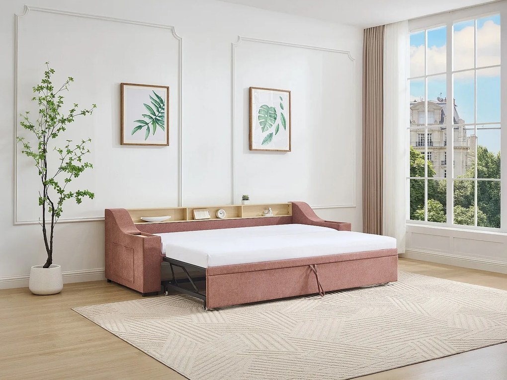 Łóżko wysuwane 2 x 80 x 200 cm ze skrzynią i portem USB - Tkanina - Różowe + Materac - ORAVAYA