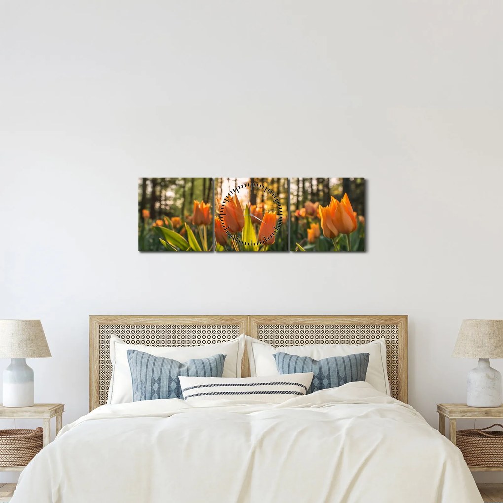 Obraz - pomarańczowe tulipany (z zegarem) (90x30 cm)