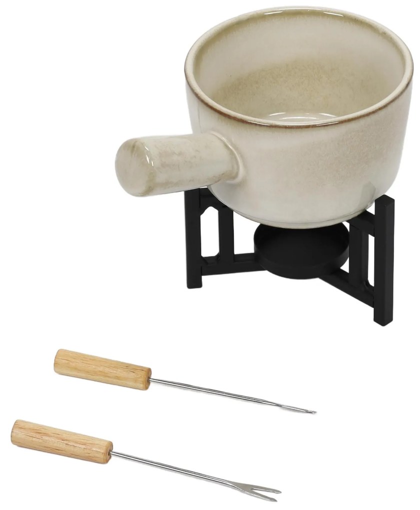Zestaw do fondue serowego, rondelek z porcelany, 2 widelce