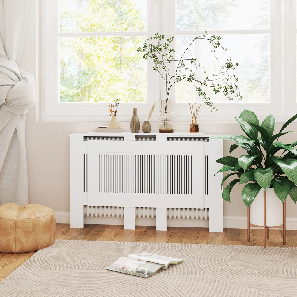 HOMCOM Osłona grzejnika, design z lamelami, regulowana długość 125-201 cm, MDF, Biała