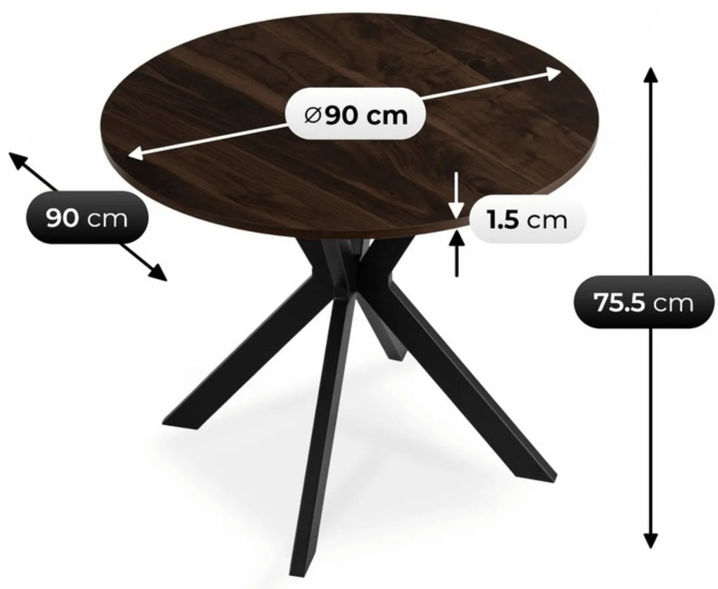 Stół Okrągły LAUREN 90 cm Orzech/Czarny Loft Nowoczesny