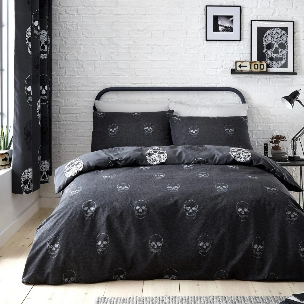 Ciemnoszara pościel dziecięca dwuosobowa 200x200 cm Skulls – Catherine Lansfield