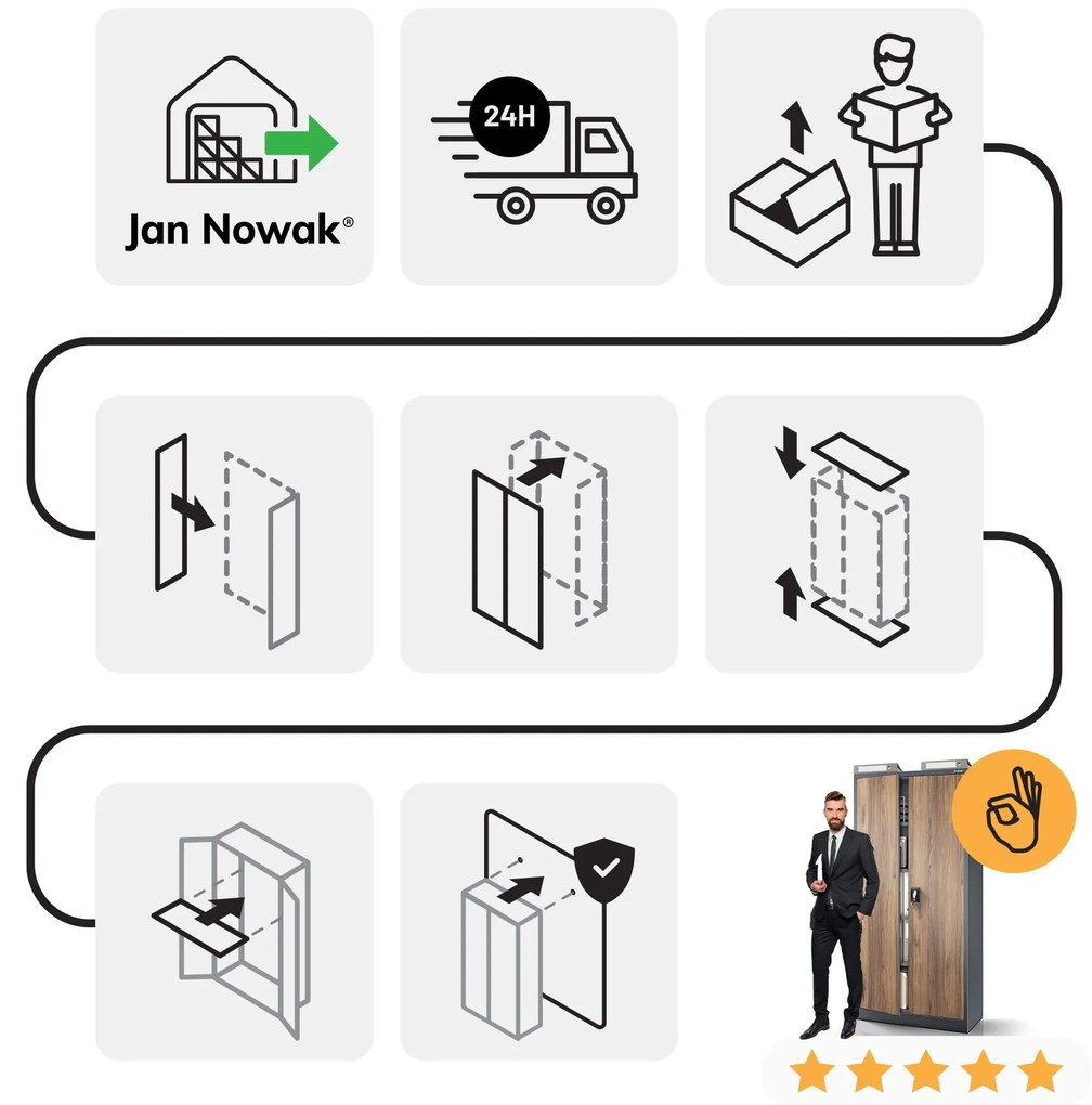 Biurowa szafa metalowa JAN, 900 x 1850 x 400 mm, Eco Design: antracytowa/ orzech