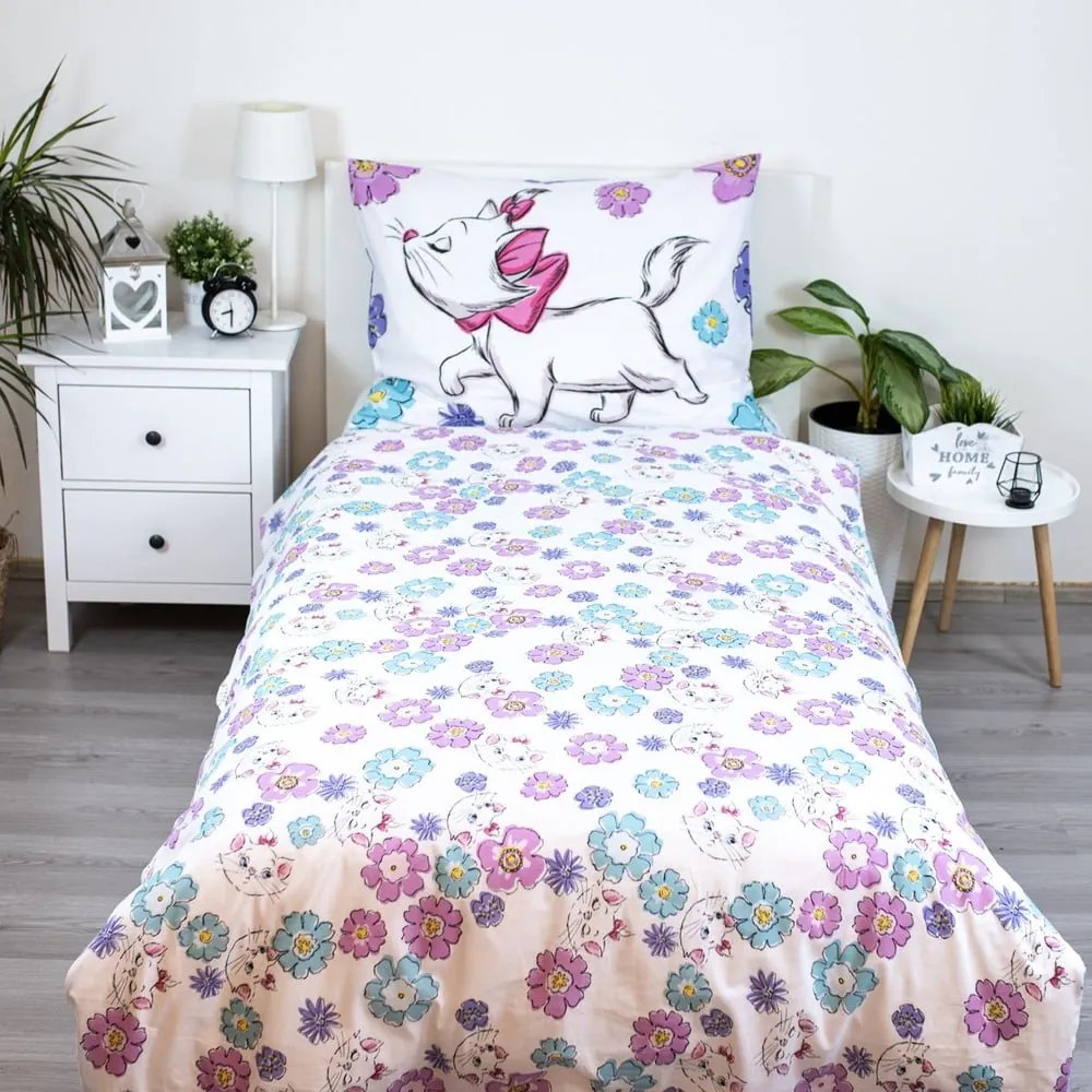 Biała bawełniana pościel dziecięca jednoosobowa 140x200 cm Marie Cat "Floral" – Jerry Fabrics