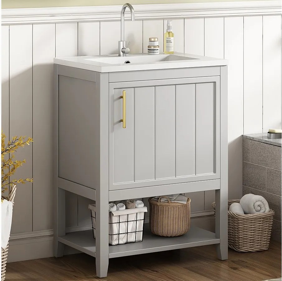 Szafka łazienkowa pod pojedynczą umywalkę - 1 otwarta półka i 1 drzwi - 61 x 47 x 87 cm - drewno MDF - jasnoszary