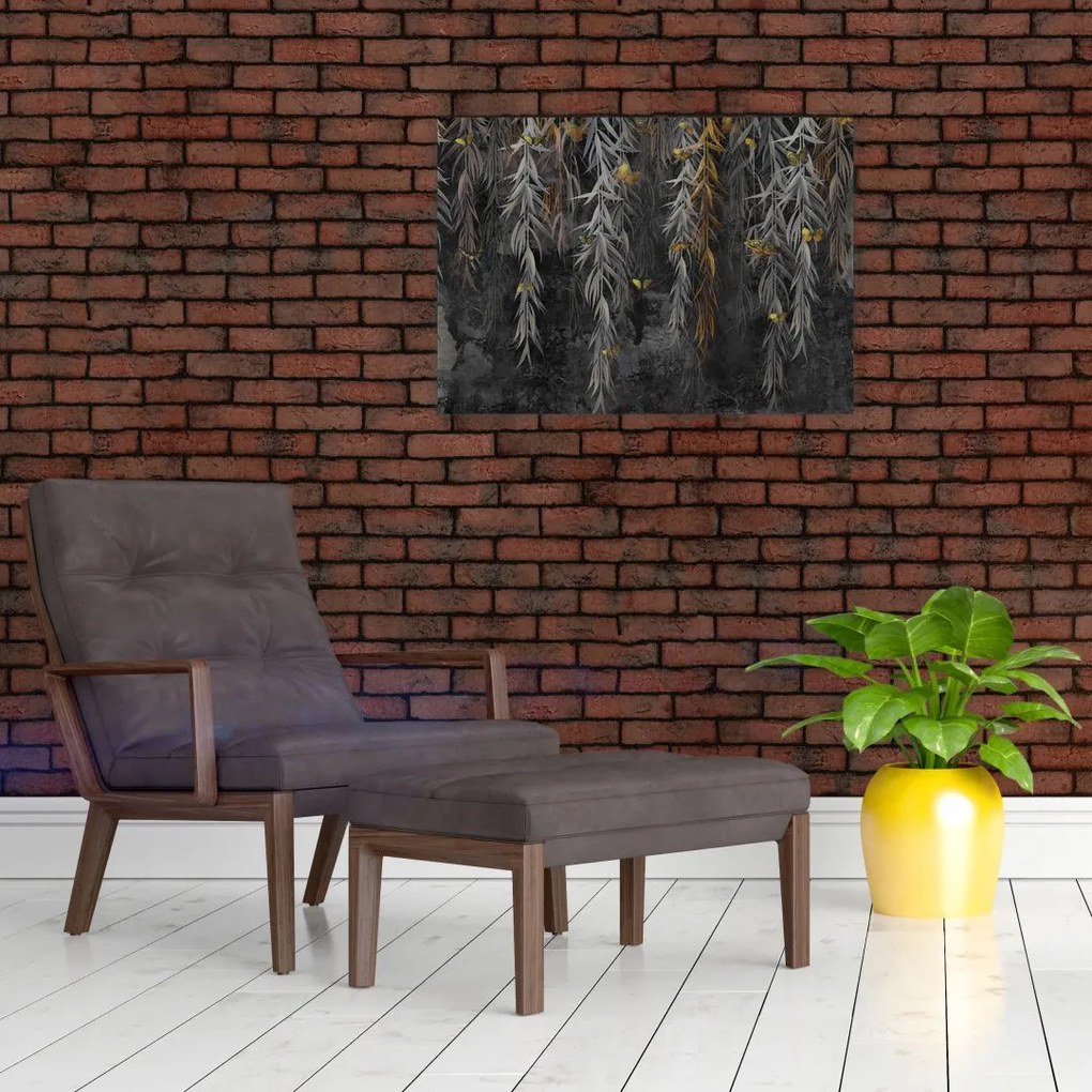 Obraz na szkle - Gałązki wierzby na czarnym tle (70x50 cm)