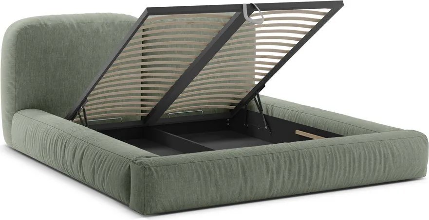 Zielone tapicerowane łóżko dwuosobowe ze schowkiem i stelażem 200x200 cm Martina – Micadoni