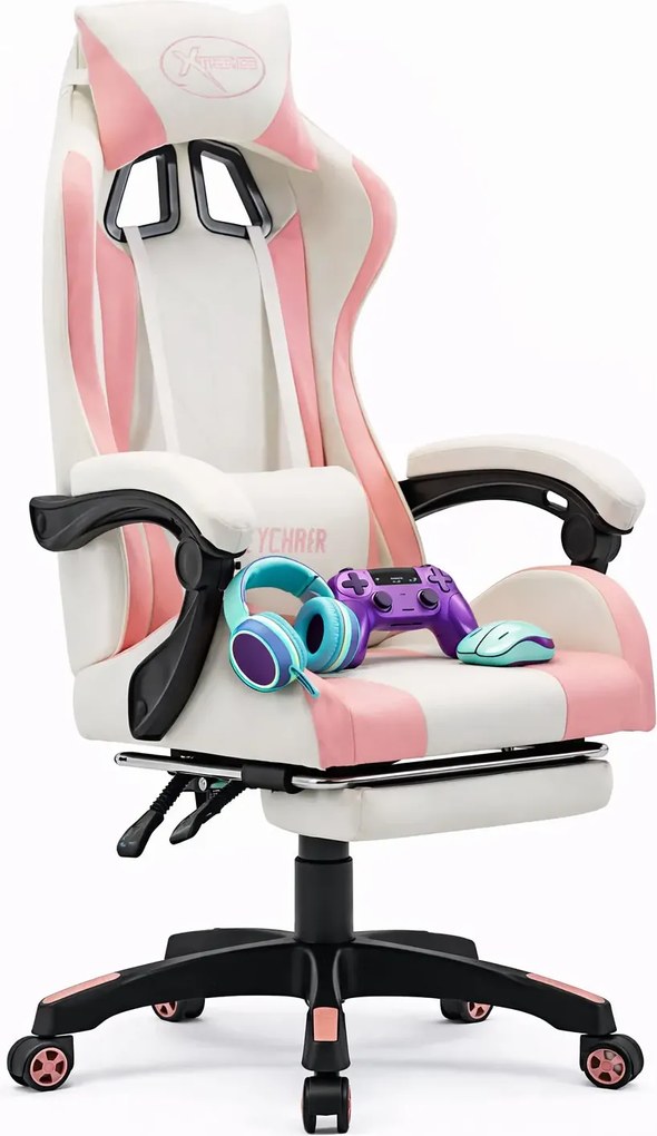 Biało-różowy fotel gamingowy z zagłówkiem i podnóżkiem P1-A86