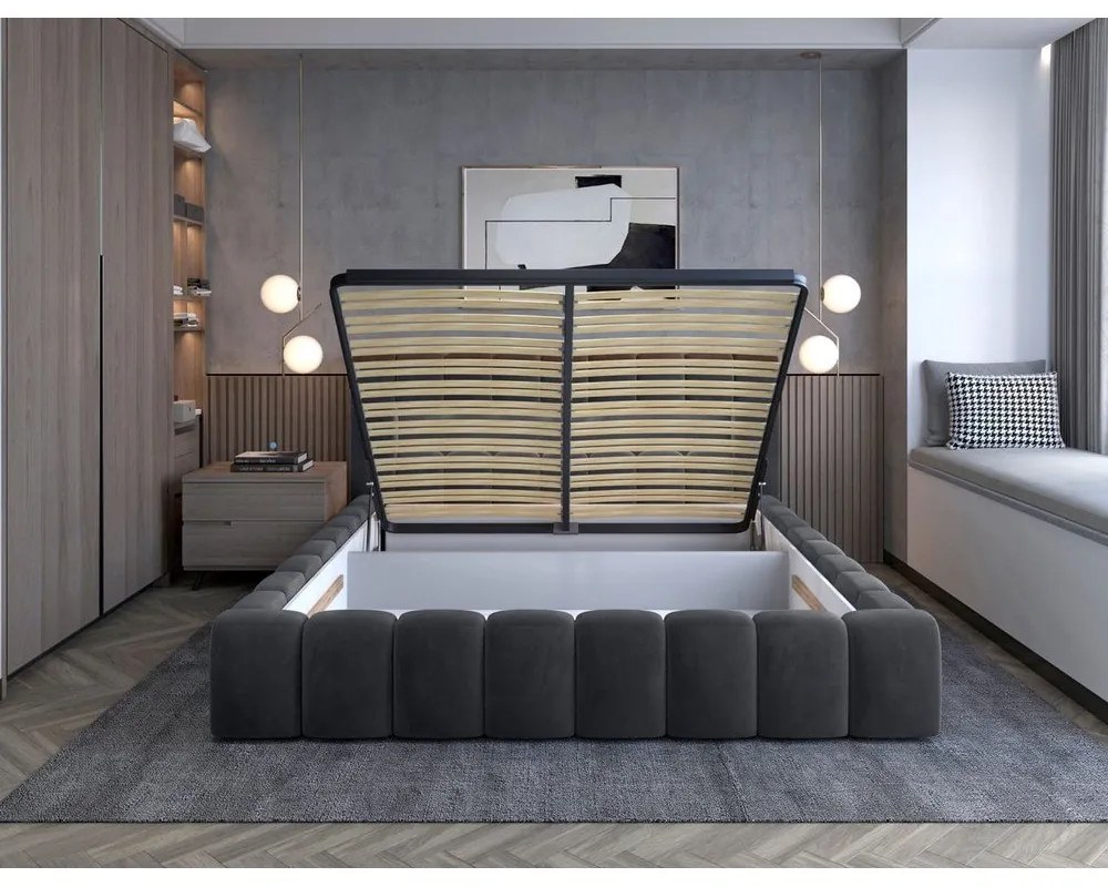 Szare tapicerowane łóżko dwuosobowe ze schowkiem ze stelażem 140x200 cm Lamica – ELTAP