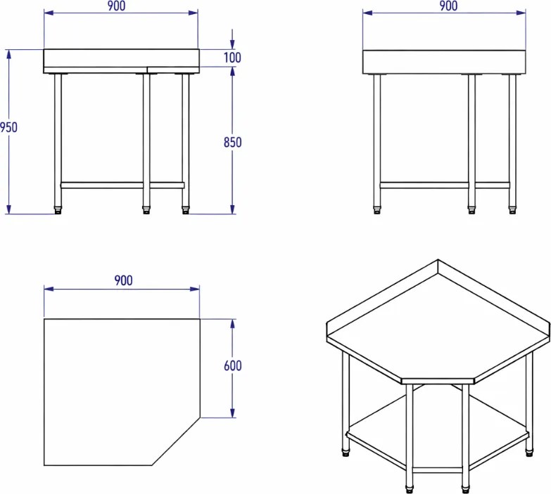 Narożny stół roboczy ze stali nierdzewnej, 900 x 600 x 850 mm