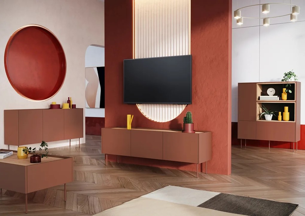 Komoda wysoka Desin 120 cm dwudrzwiowa z szufladą i wnękami - czerwony / ceramic red / dąb nagano