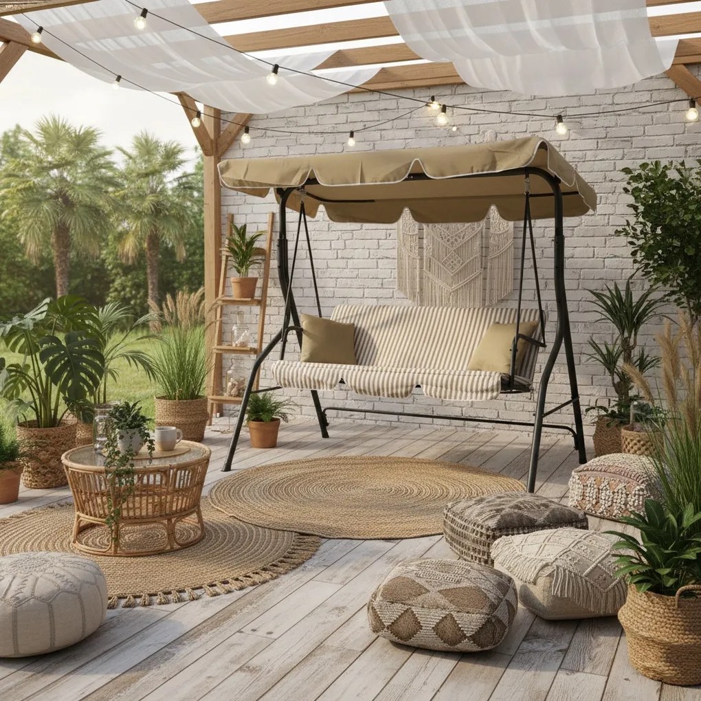 Huśtawka ogrodowa 3-osobowa Puerto MAS-4003A, beżowy w białe paski