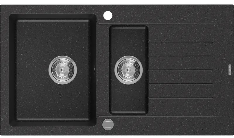 Mexen Matias zlewozmywak granitowy 1,5-komorowy z ociekaczem 900 x 505 mm, czarny/srebrny metalik, syfon chrom - 6502901505-73