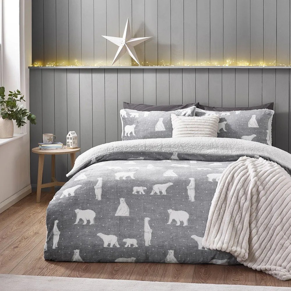 Szara pościel dwuosobowa z materiału sherpa 230x220 cm Cosy Polar Bear – Catherine Lansfield