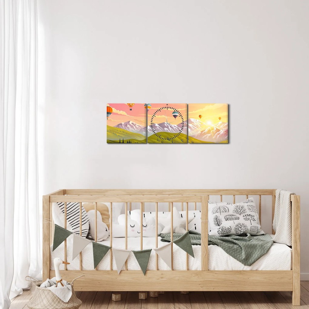 Obraz balonów nad krajobrazem (z zegarem) (90x30 cm)