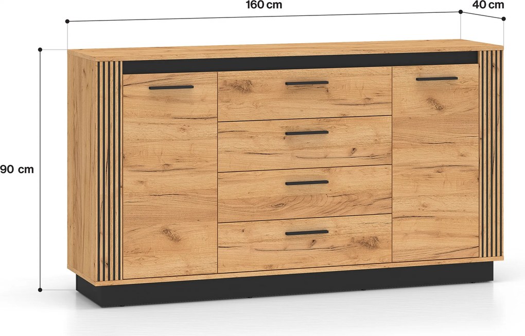Komoda z szufladami Clawi 06 - 160 cm - dąb craft złoty / czarny