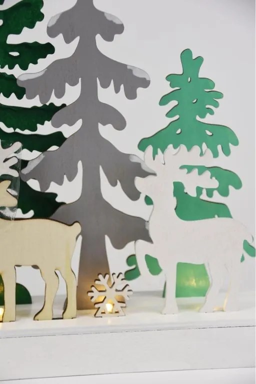 Drewniana dekoracja świąteczna LED z motywem jeleni, 30 cm