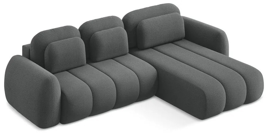 Ciemnoszary rozkładany narożnik z materiału bouclé ze schowkiem (prawostronny/z szezlongiem) Pele – Makamii