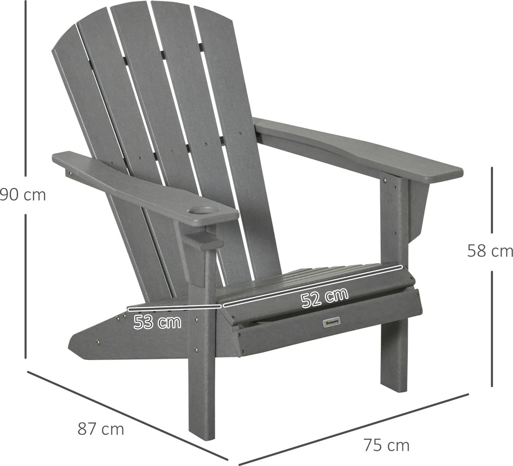 Outsunny krzesło ogrodowe Adirondack z uchwytem na kubek fotel ogrodowy krzesło balkonowe szary tworzywo sztuczne 75 x 87 x 90 cm | Aosom PL