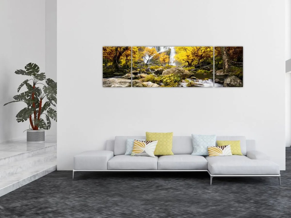 Obraz - Wodospady w jesiennym krajobrazie, żółty (170x50 cm)