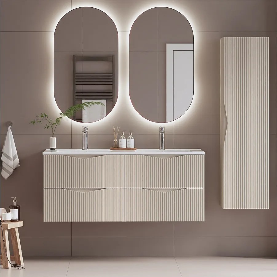 Zestaw do Łazienki 120cm Szafka z Umywalką Słupek Ryflowane Fronty Beż Piaskowy Cleo