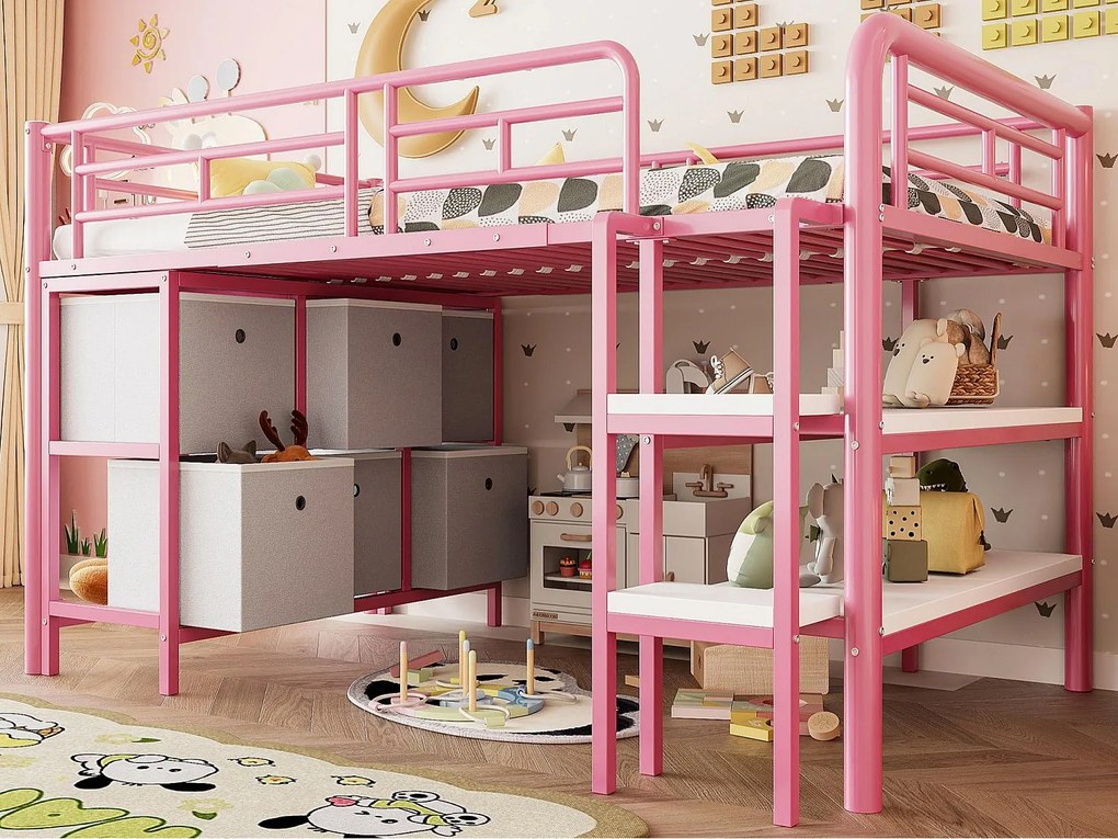 Łóżko dziecięce 90x200cm - z drabiną - z półkami - z przegródkami do przechowywania - różowy​ (materac nie jest wliczony w cenę)