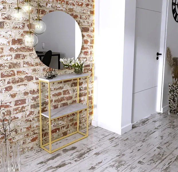 Nowoczesna konsola z półkami złoty + beton S4-B09