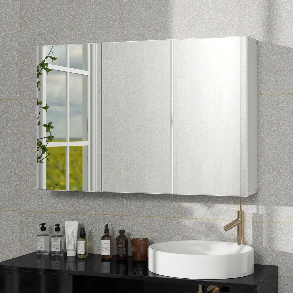 HOMCOM Szafa łazienkowa z lustrem, szafka z 3 lustrowanymi drzwiami, montaż na ścianie, 90 x 15,5 x 60 cm, płyta wiórowa, Biała | Aosom PL