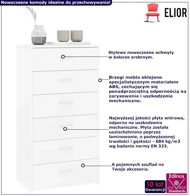Biała komoda z 6 szufladami - Iwerna