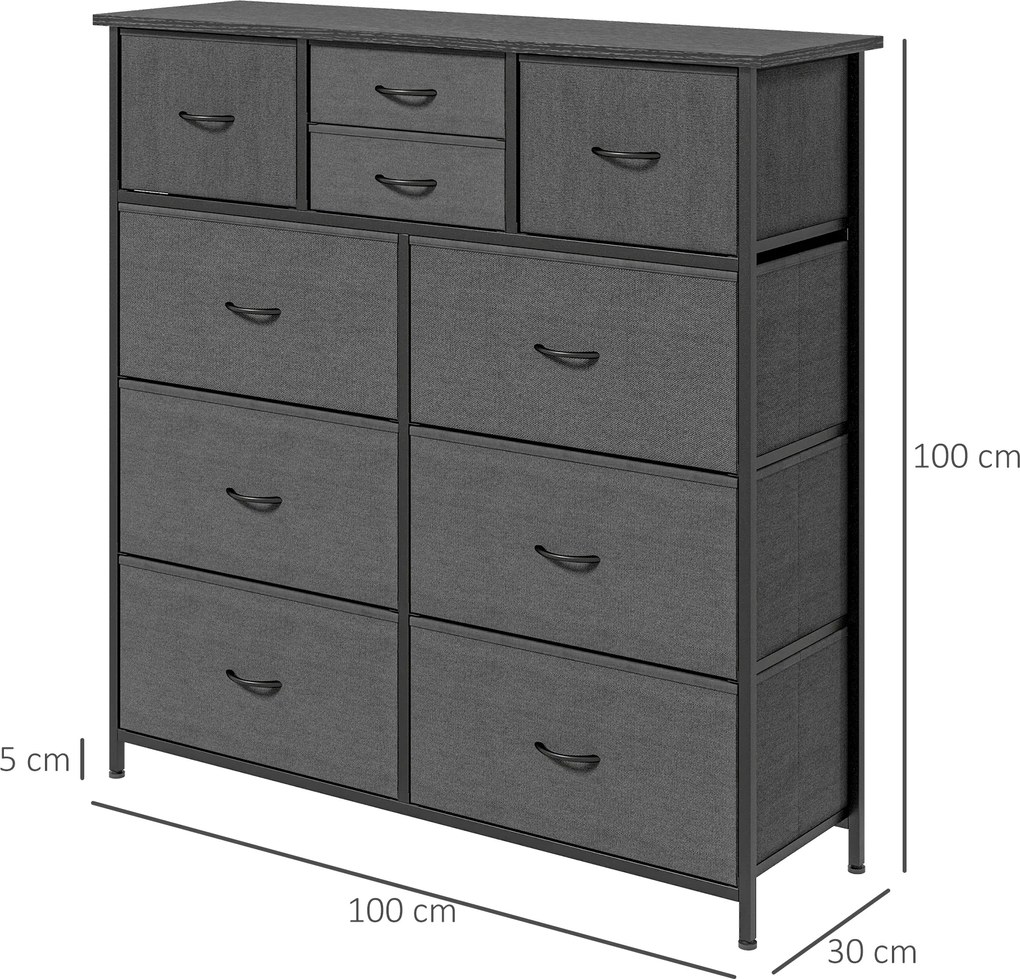 HOMCOM Komoda z Szufladami z Tkaniny, 10 Przegródek, Metalowa Rama, 100x30x100cm, Czarny