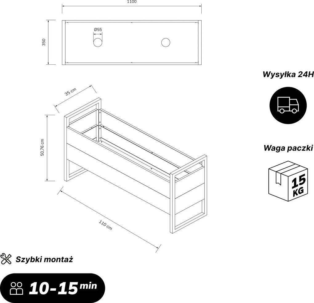 Osłona, donica na kwiaty metalowa niska butelkowozielono-antracytowa, 1000x430x380 mm: MARGARET