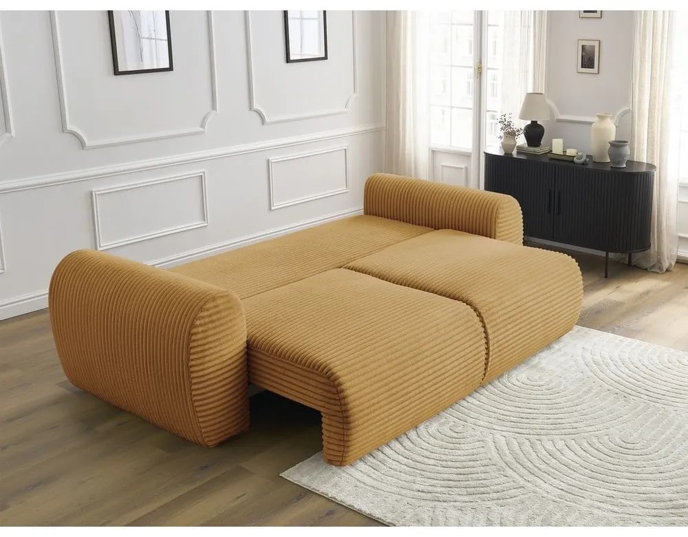 Musztardowa sztruksowa rozkładana sofa 257 cm Lucien – Bobochic Paris