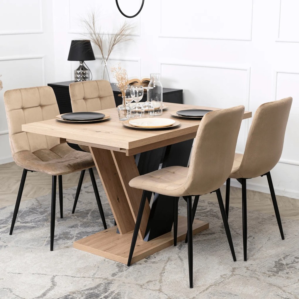 Zestaw Stół Prostokątny Rozkładany CLARK 120-160 cm Dąb Artisan/Czarny i 4 Krzesła Tapicerowane PERU Beżowe Welurowe