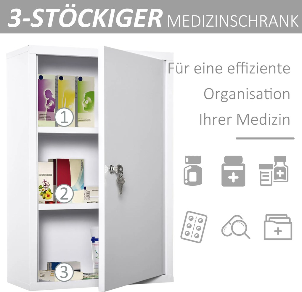 kleankin Apteczka szafka na lekarstwa apteczka pierwszej pomocy z zamkiem 3 półki stal kolor biały
