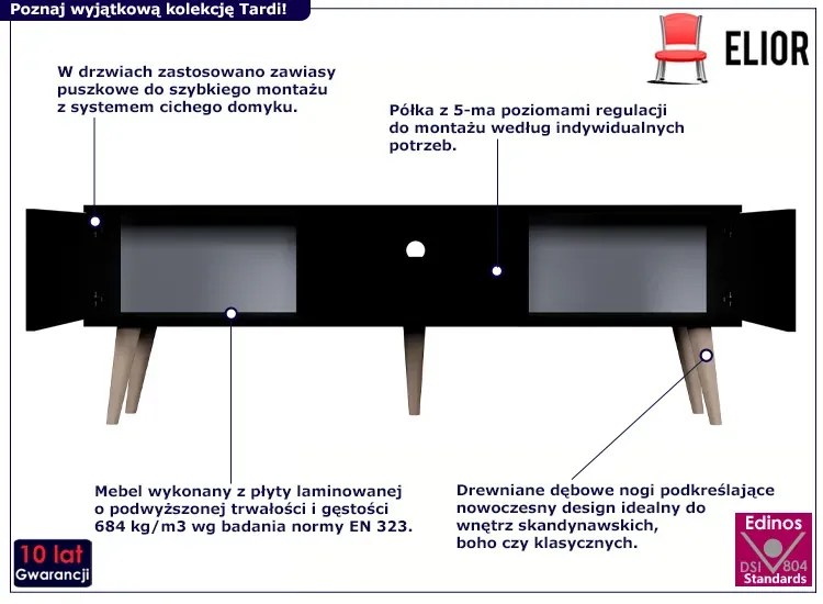 Czarna szafka RTV na nóżkach - Dubby 5X 160 cm
