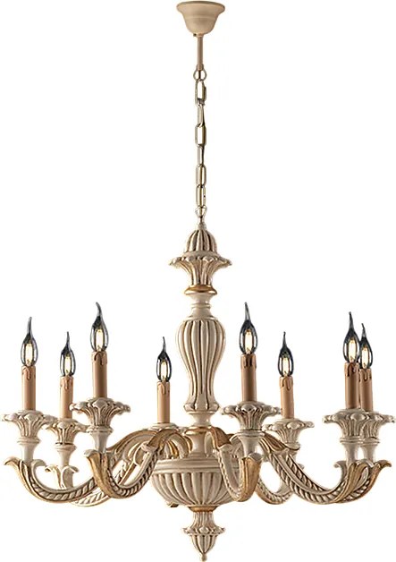 Żyrandol Leonardo z drewna w kolorze kości słoniowej i złotego liścia, 8 świateł, 130 Ø80 BL180-8-AV