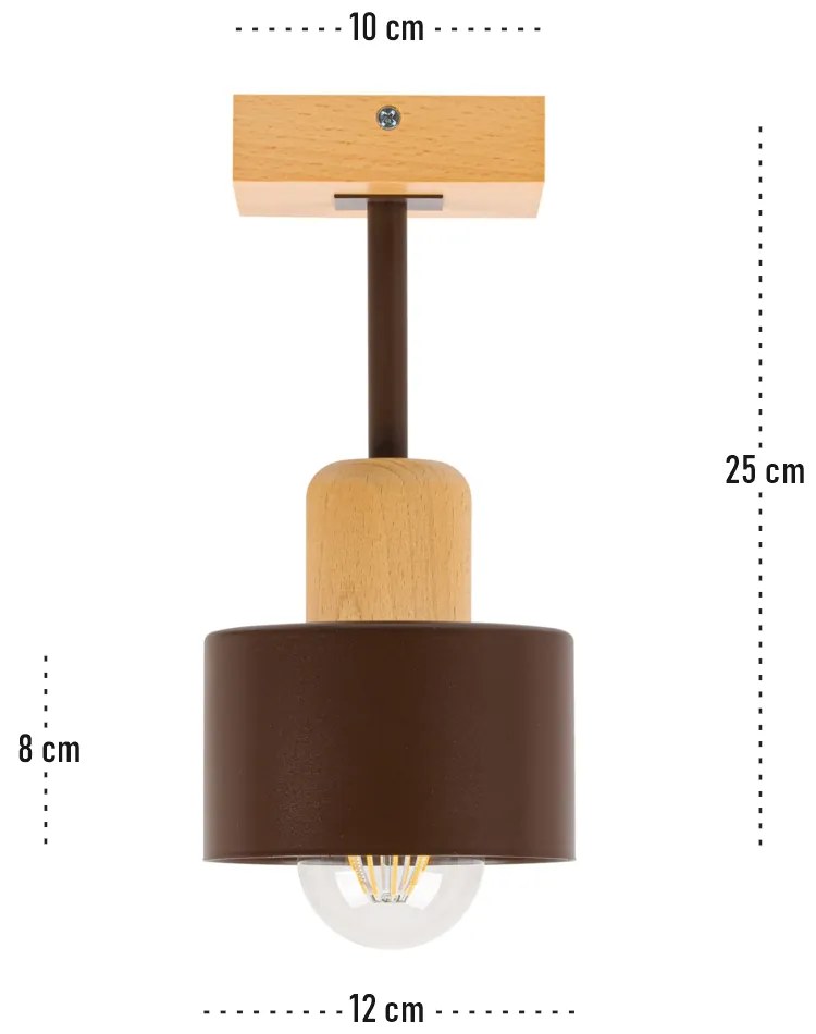 Brązowa lampa sufitowa, jednopunktowy spot DBR10x10BU z drewna i metal