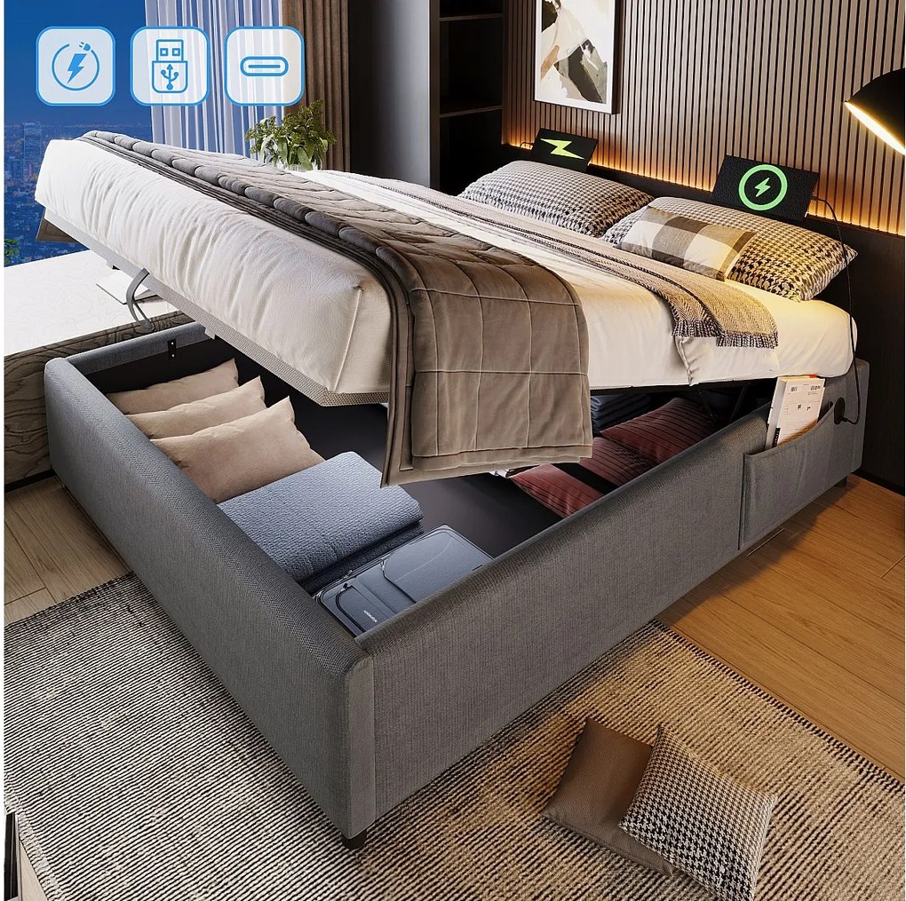 Łóżko tapicerowane dwuosobowe z pojemnikiem - 160 x 200 cm - z USB-C + stelażem - bez zagłówka - bawełna - szare
