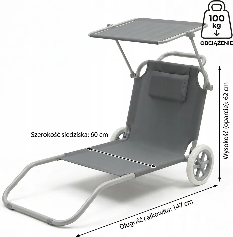 Leżak plażowy Solmare z daszkiem i kołami - składany leżak ogrodowy, ciemnoszary
