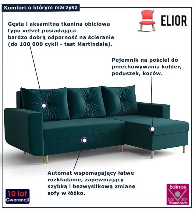 Turkusowy narożnik welurowy z funkcja spania D2-E10