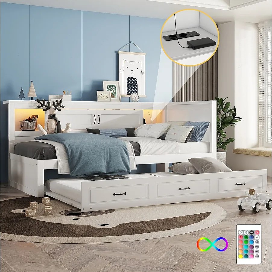 Łóżko wysuwane 90 x 200 cm + 90 x 190 cm z 2 drzwiami przesuwnymi i portami USB - LED - Płyta wiórowa + MDF - Białe (bez materaca)