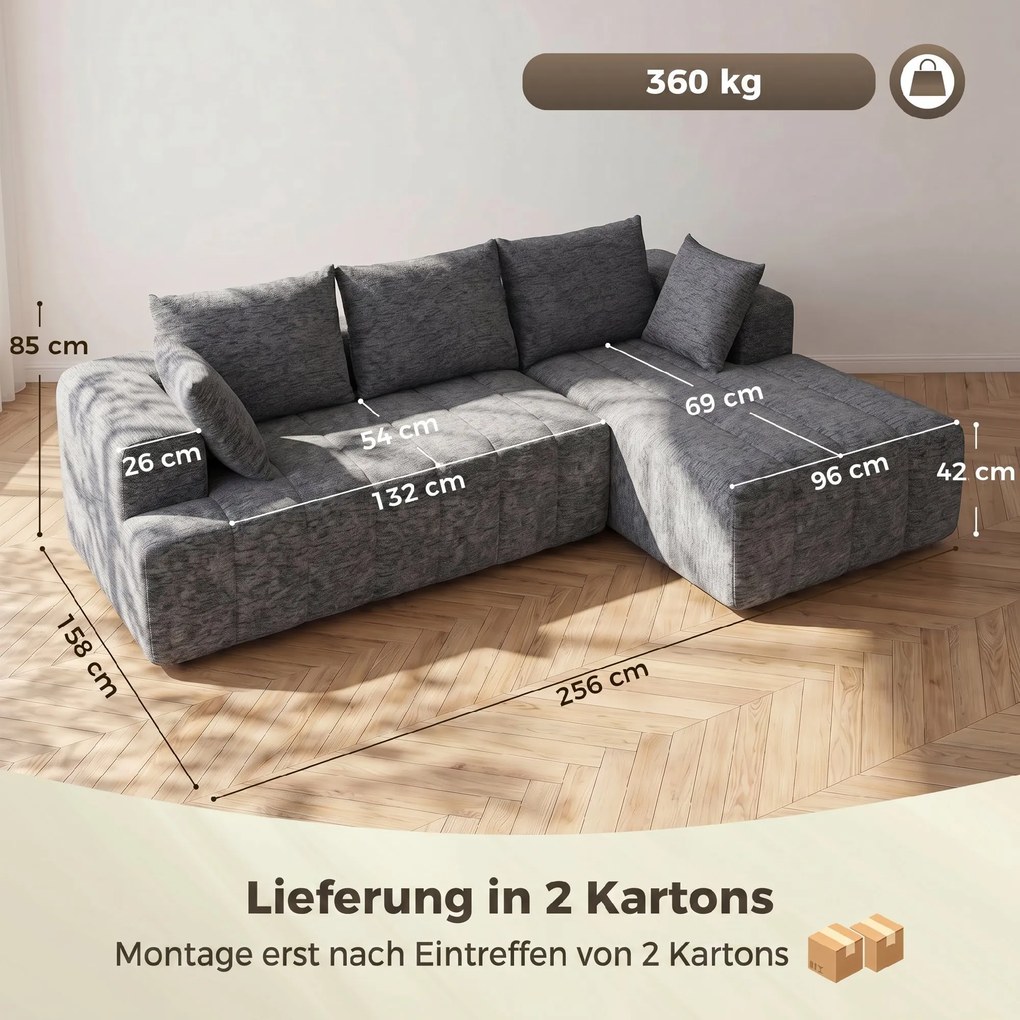 HOMCOM 3-osobowy narożnik w kształcie L z otomaną, przekształcalna sofa Chenille-Cloud z wkładem sprężynowym, szary | Aosom PL
